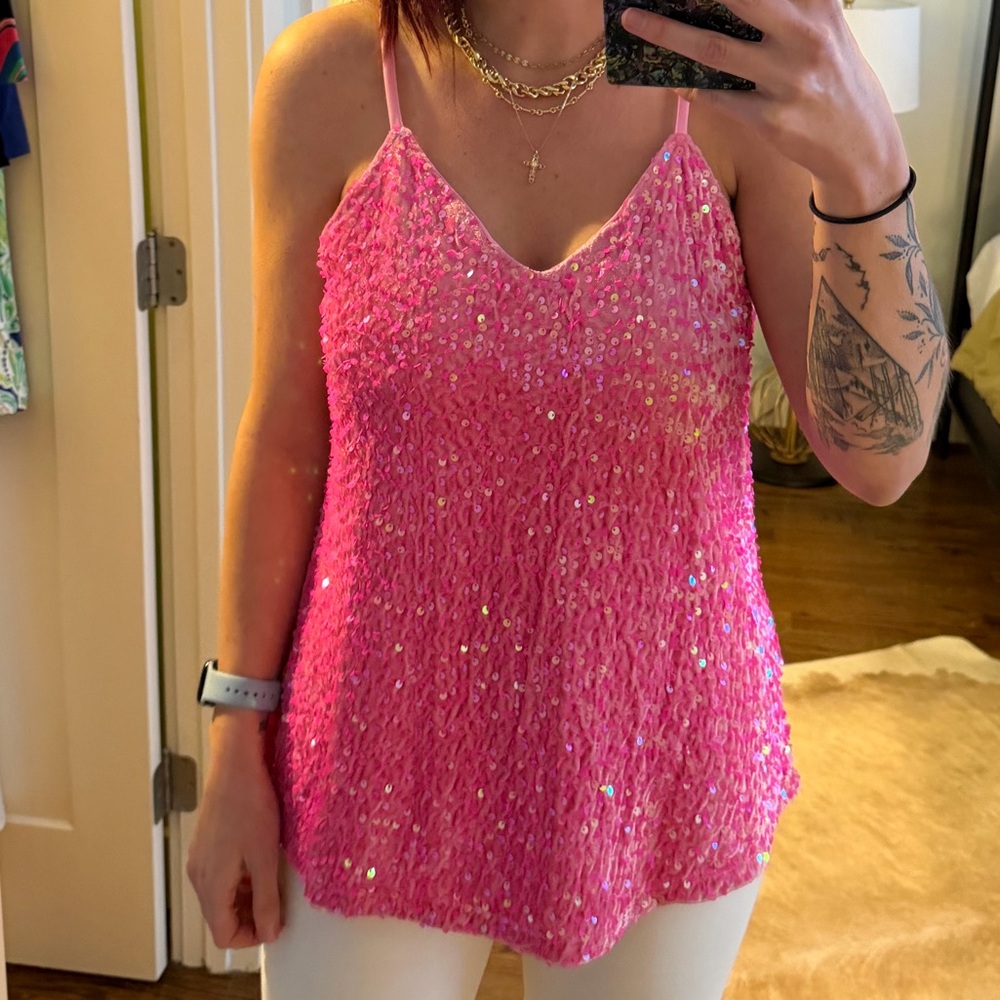 Boutique NWOT pink sequin velour tank size M